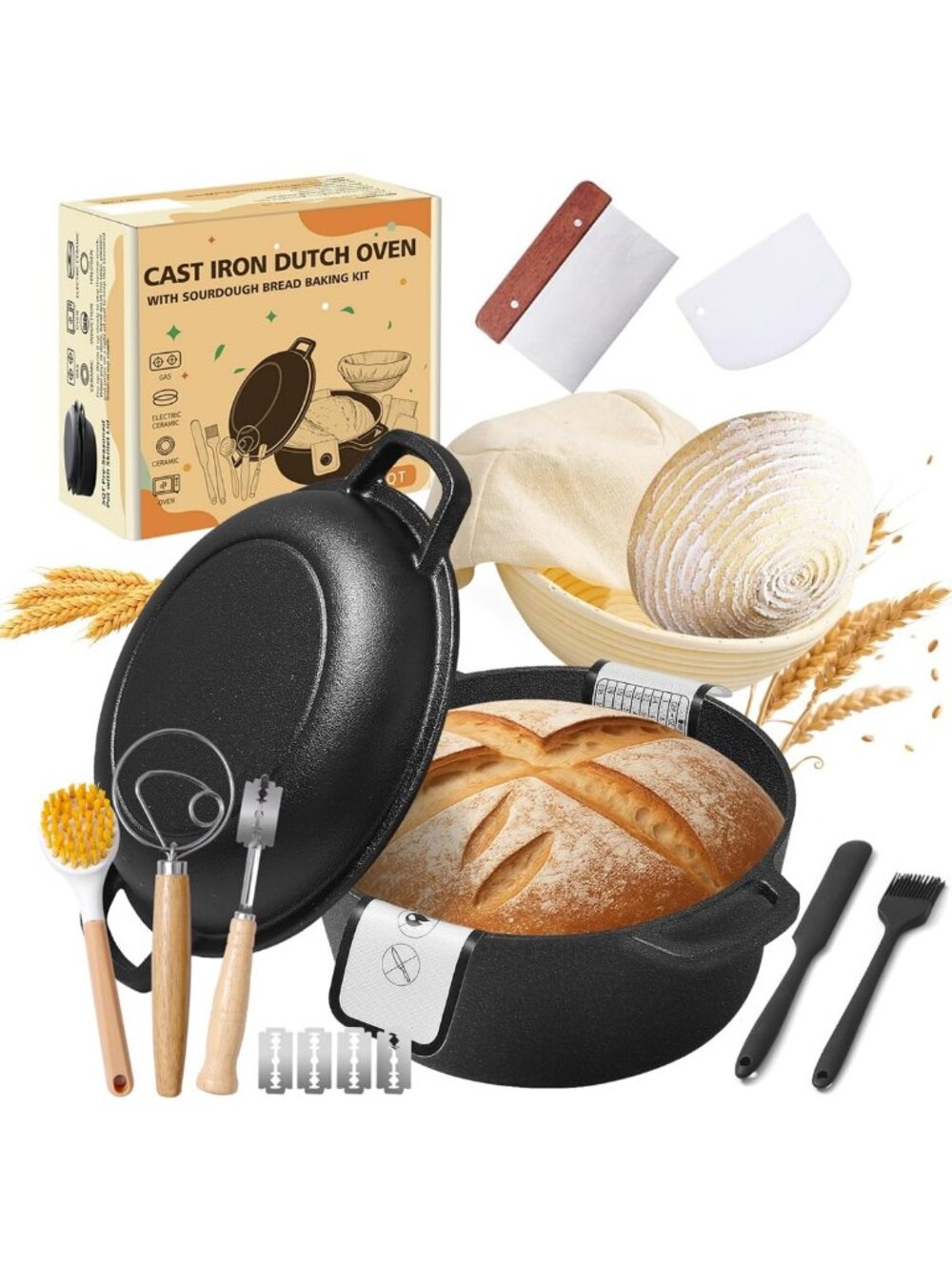 5QT Pre-Seasoned Cast Iron Dutch Oven & Sourdough Baking Tools Set - Perfect for